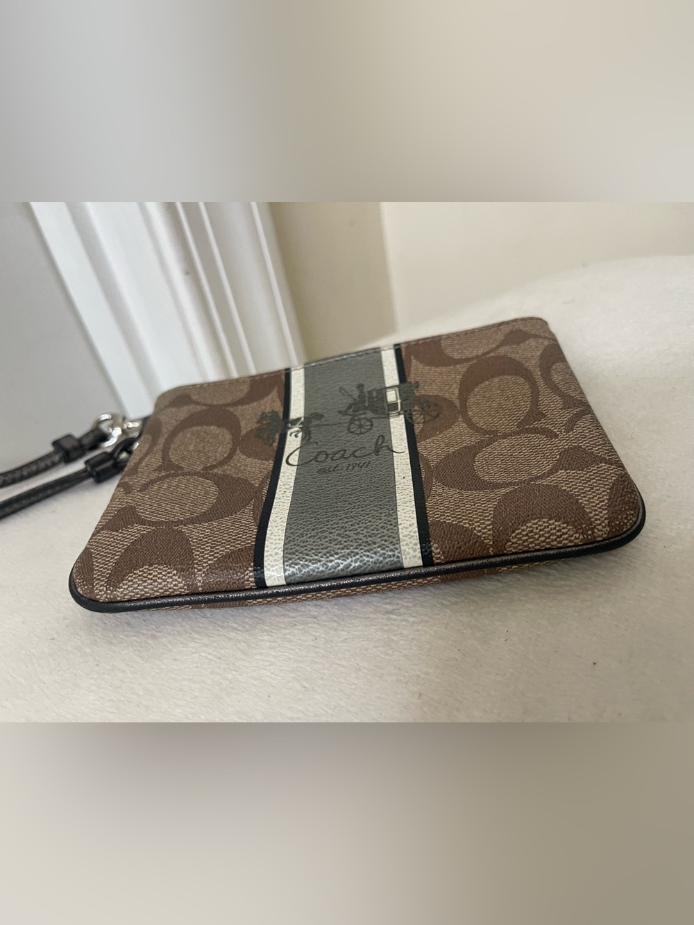 Coach Brown Signature Stripe Wristlet with Black and Cream Center Stripe - Picture 5 of 8